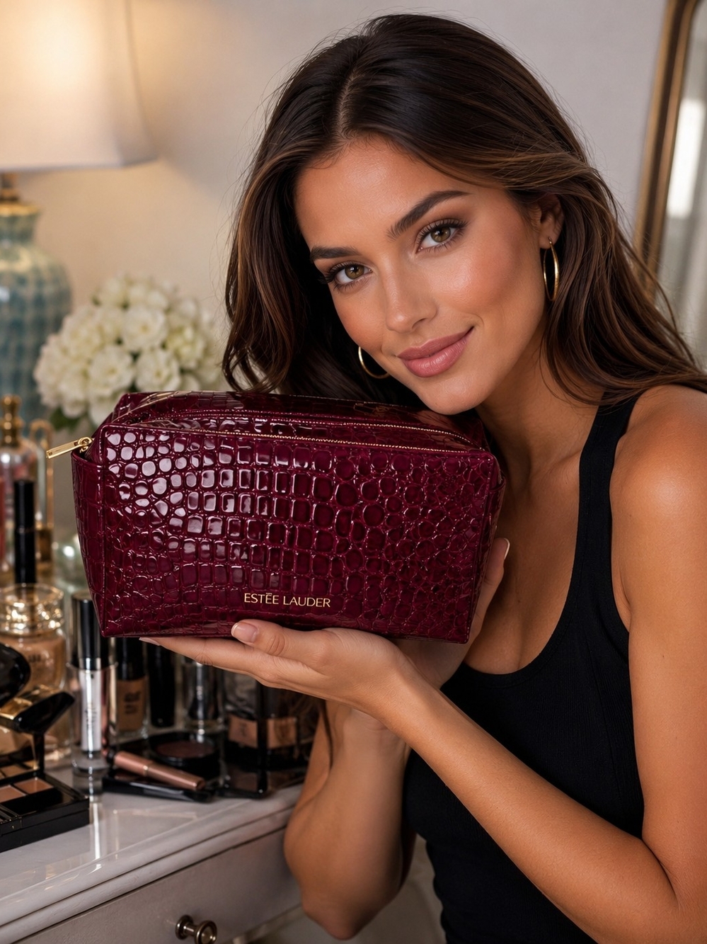 Estee Lauder Deep Burgundy Croc-Embossed Makeup Case